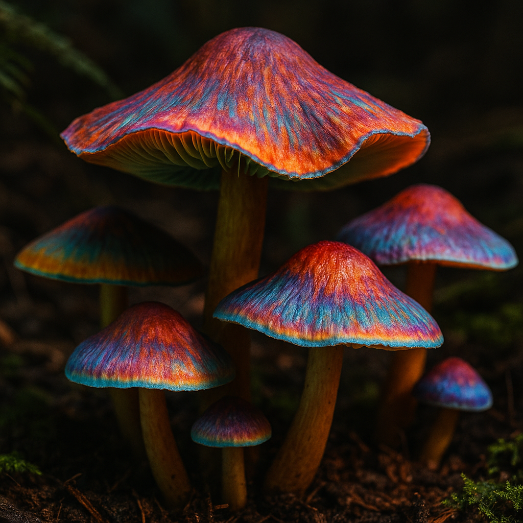 Close-up of colorful mushroom caps growing in nature