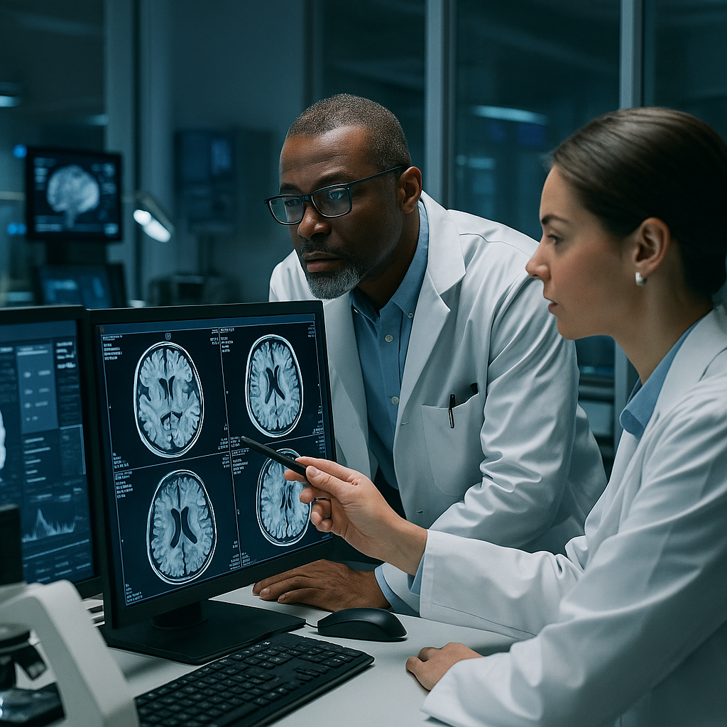 Researchers analyzing brain scans on monitors in a lab