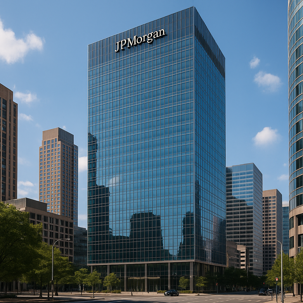 Glass-walled JP Morgan office building, showcasing sleek corporate architecture