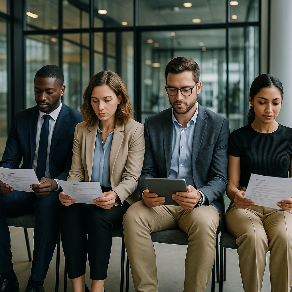 Job seekers sitting in a modern corporate lobby, reviewing application forms on tablets
