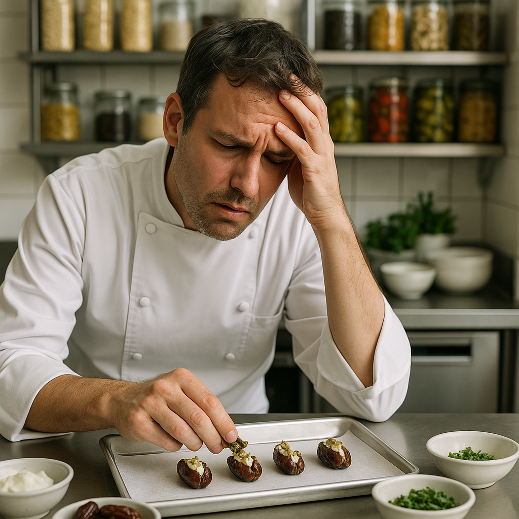 A chef struggling while preparing small appetizers like stuffed dates