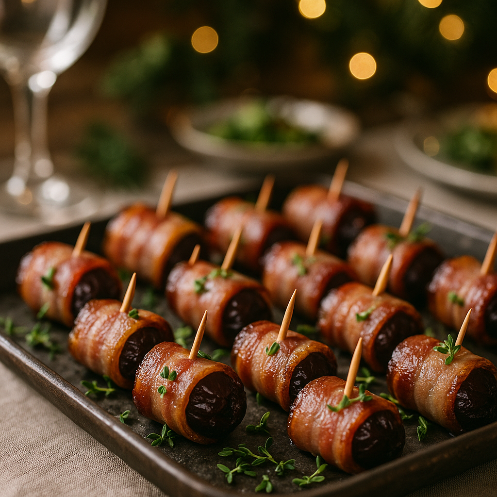 Close-up of bacon-wrapped dates arranged on a tray, ready for the oven