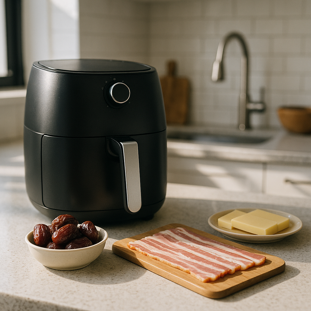 A kitchen counter with an air fryer and organized ingredients like dates, bacon, and cheese