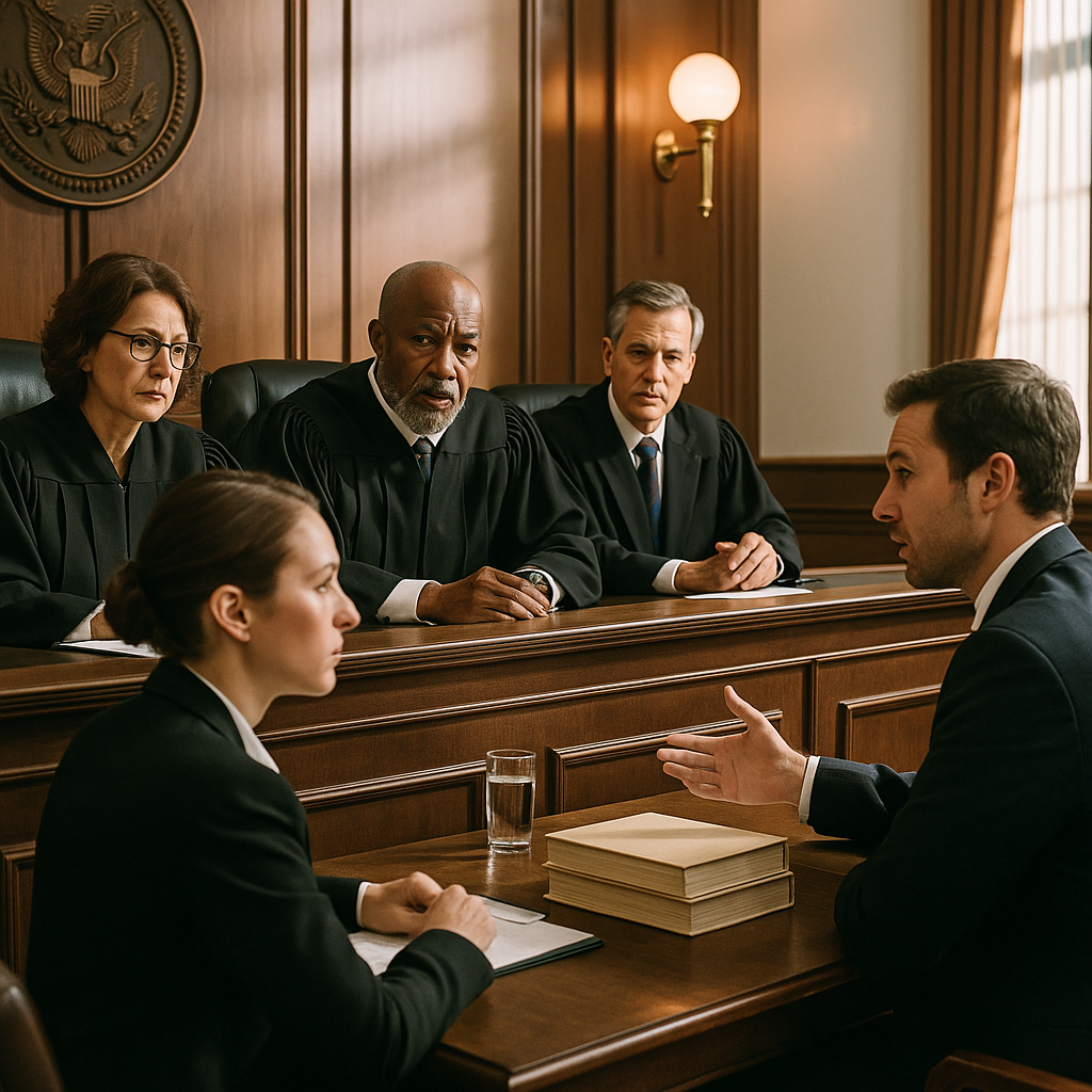 A South Korean courtroom with judges and attorneys present