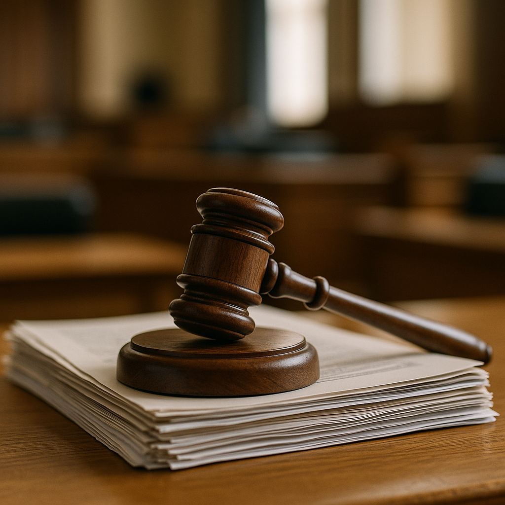 A gavel resting on a legal document, symbolizing justice
