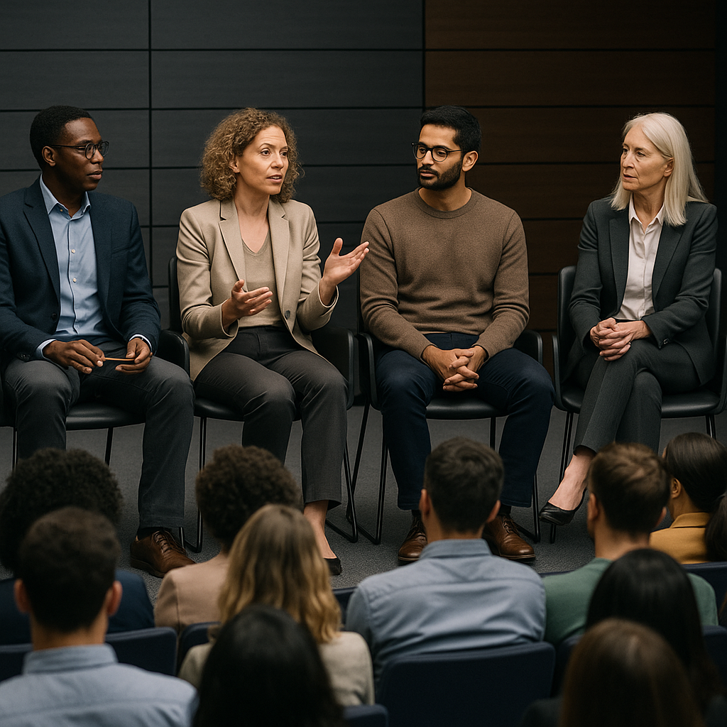 A debate forum with diverse panelists discussing technology ethics