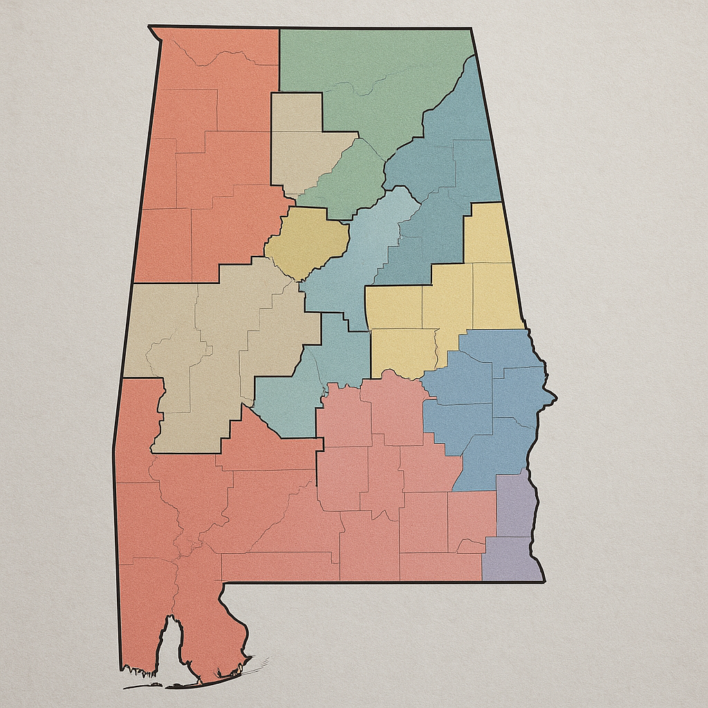 Map of Alabama highlighting its congressional districts