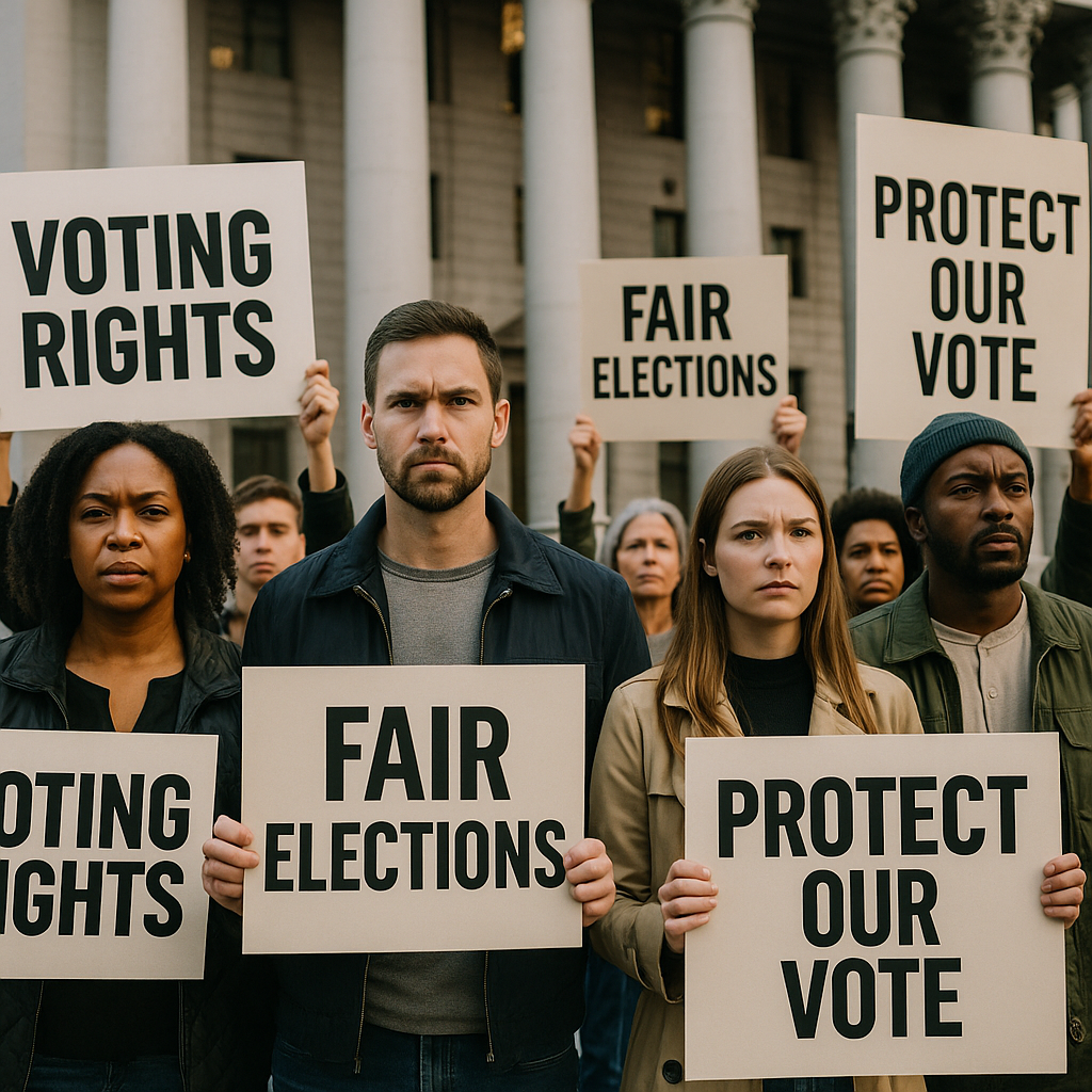 Protesters holding signs advocating for voting rights outside a courthouse