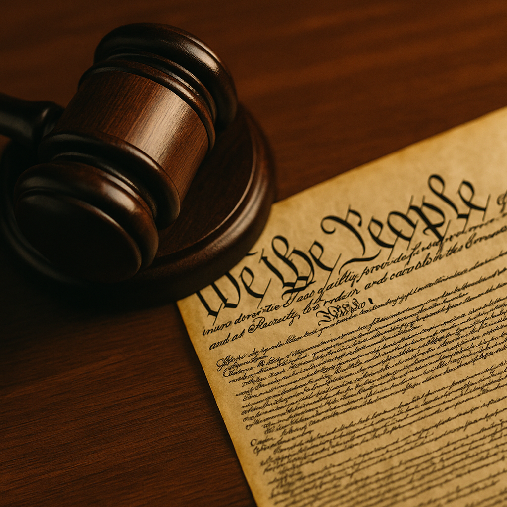 A courtroom gavel and a copy of the U.S. Constitution on a wooden background
