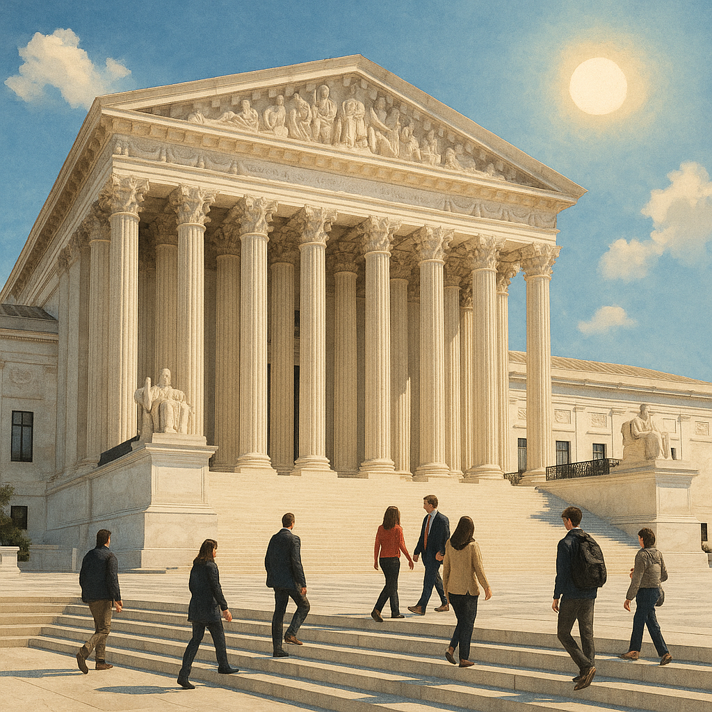 Illustration of U.S. Supreme Court building with people walking outside