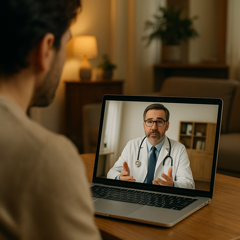 A telemedicine session displayed on a laptop screen, with a doctor speaking to a patient remotely