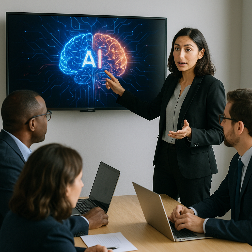 A senior executive demonstrating an AI tool during a team meeting