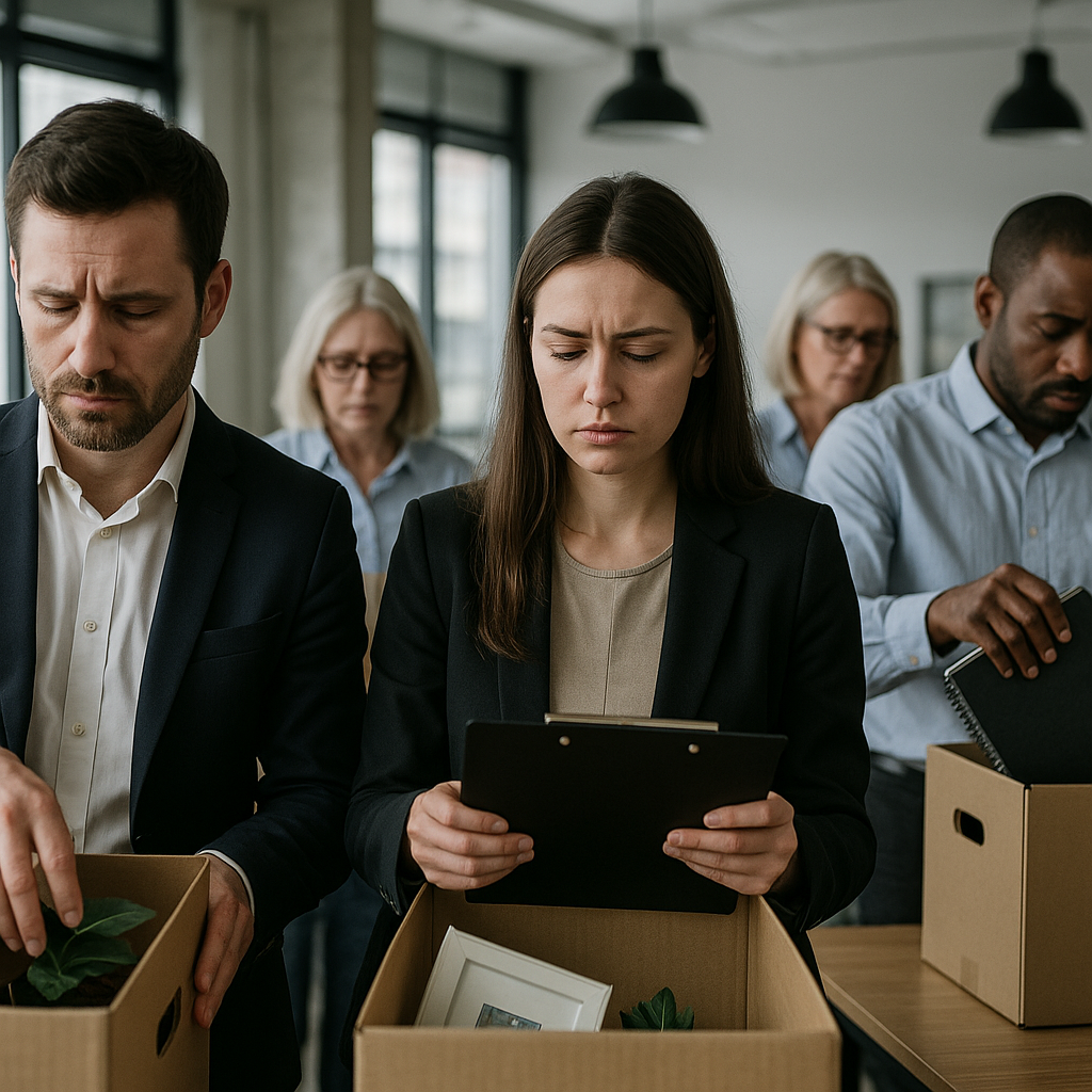 Frustrated employees packing up belongings during a mass layoff