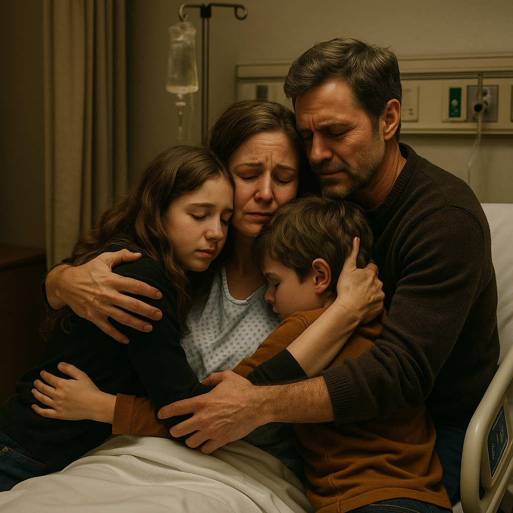 Parents embracing their son on a hospital bed, symbolizing reunion and hope