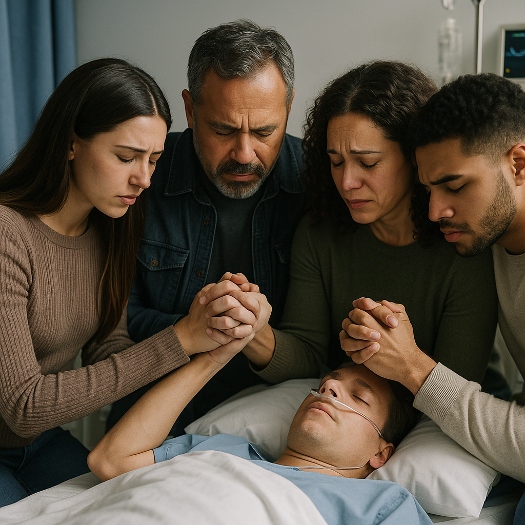 A family holding hands in prayer around a hospital bed, symbolizing unity and resilience