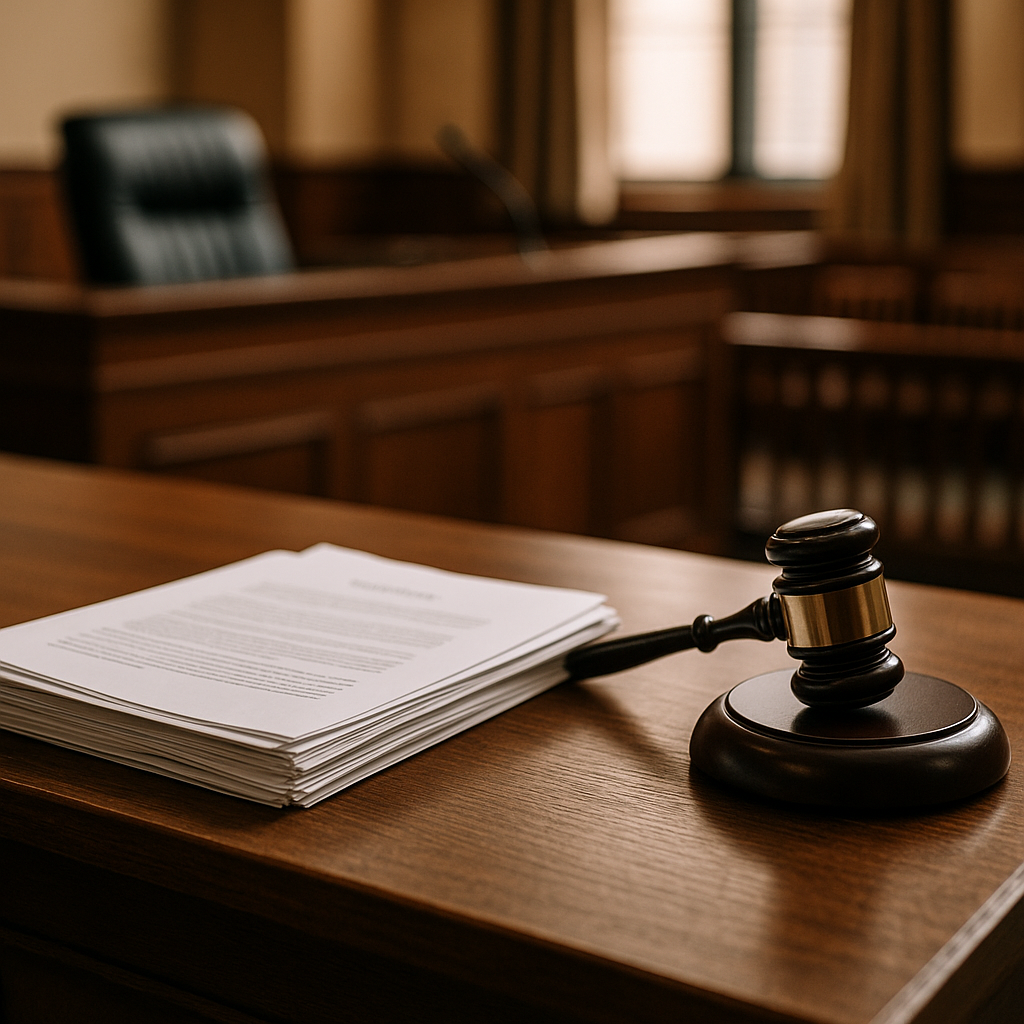A courtroom setting with legal documents and a gavel on a desk