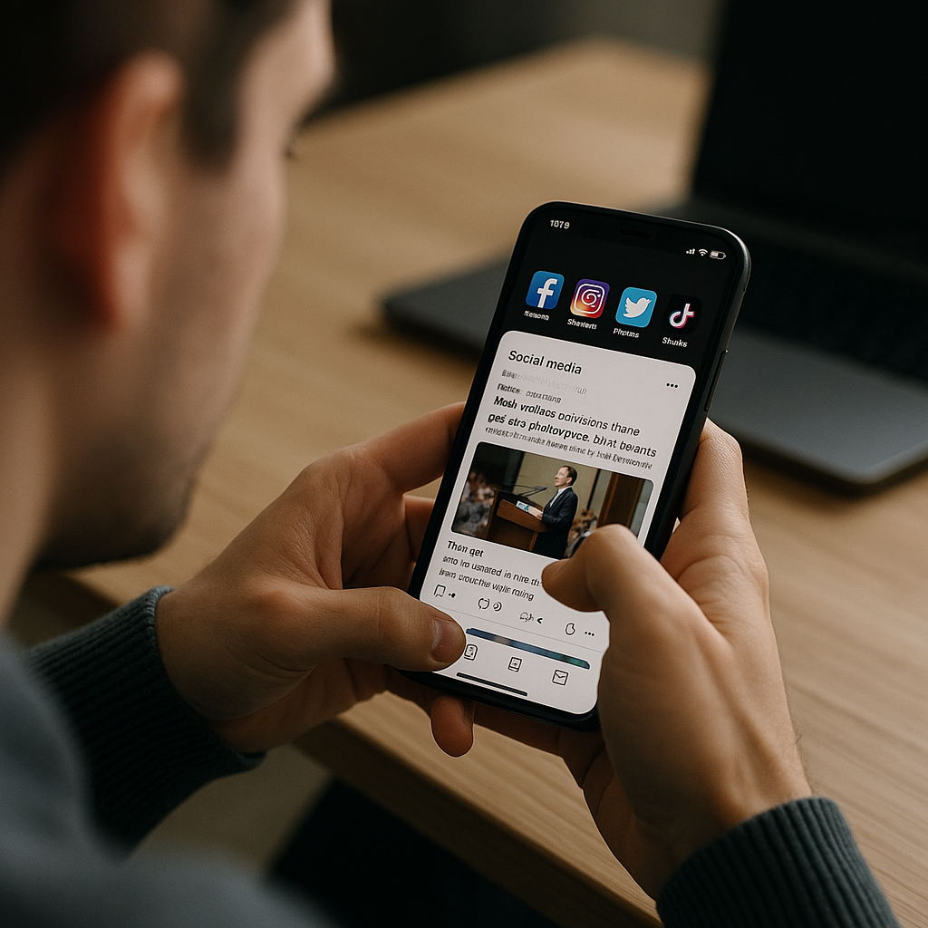 A person scrolling social media on a smartphone with text overlay referencing free speech