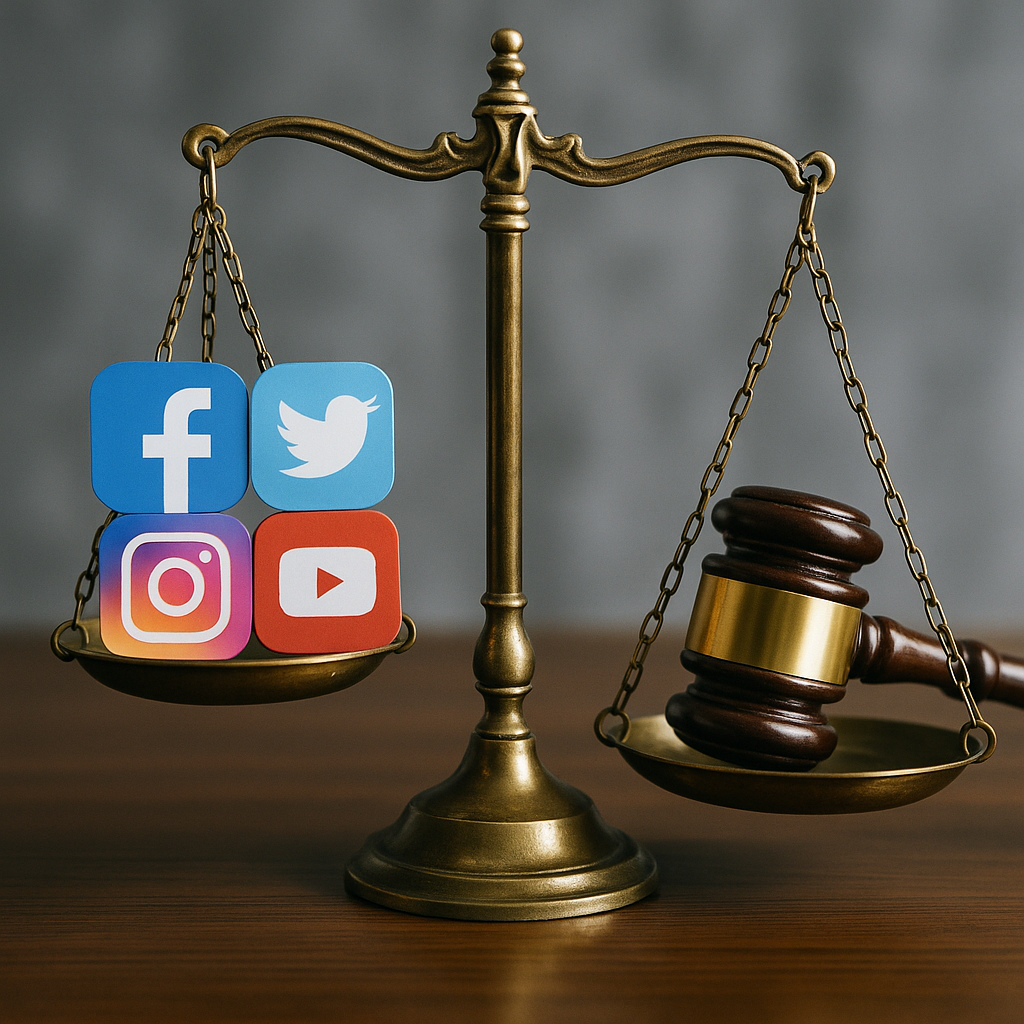 A symbolic image showing a judge’s scales of justice, with one side featuring social media icons and the other side featuring a legal gavel