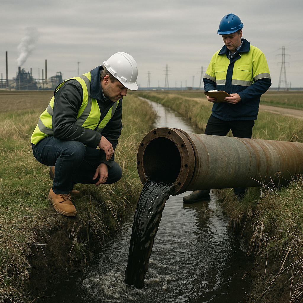 Workers inspecting a dark liquid discharge from a metal pipe in a rural ditch