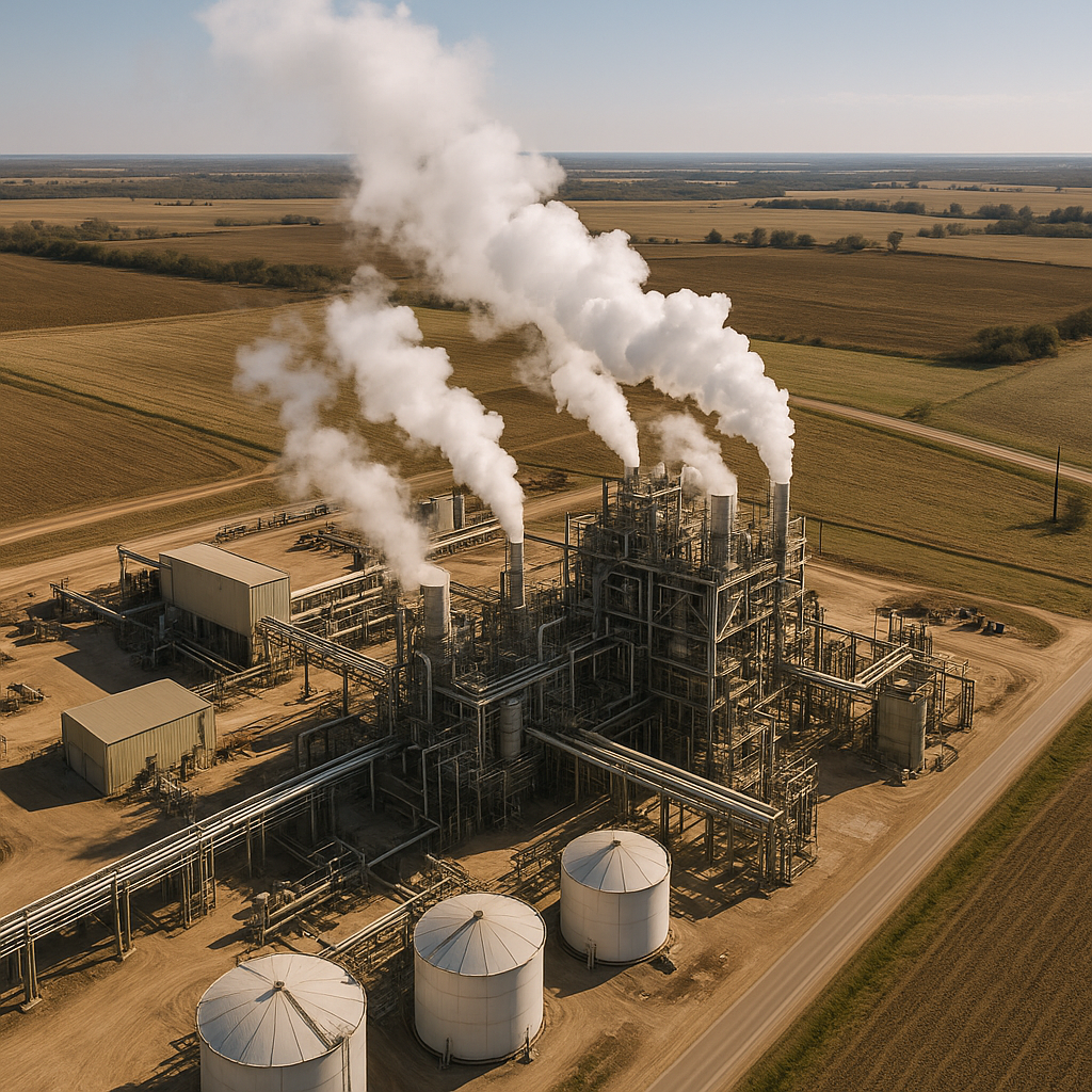Overhead view of an industrial refinery emitting steam into a rural landscape