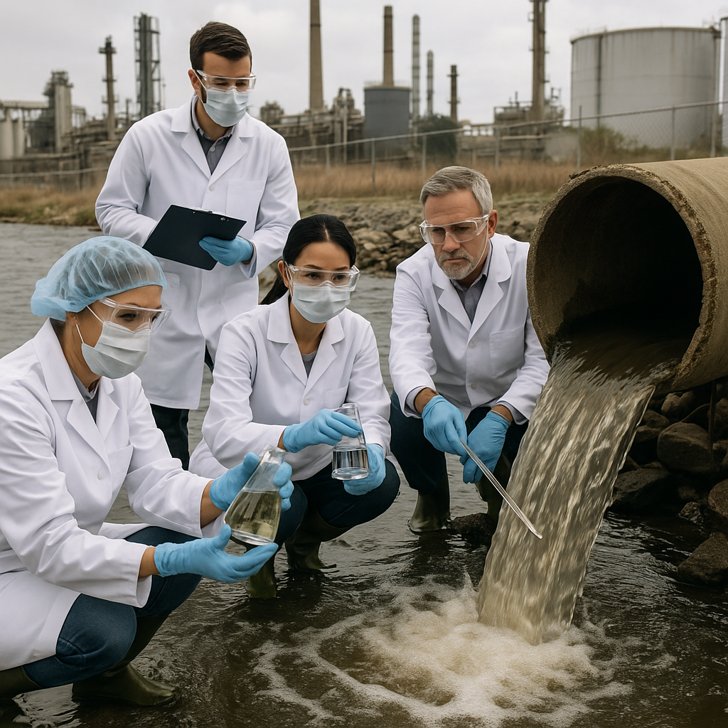 A group of scientists in safety gear testing water samples near an industrial pipe