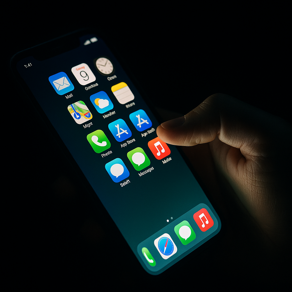 Smartphone with app icons glowing against a dark background