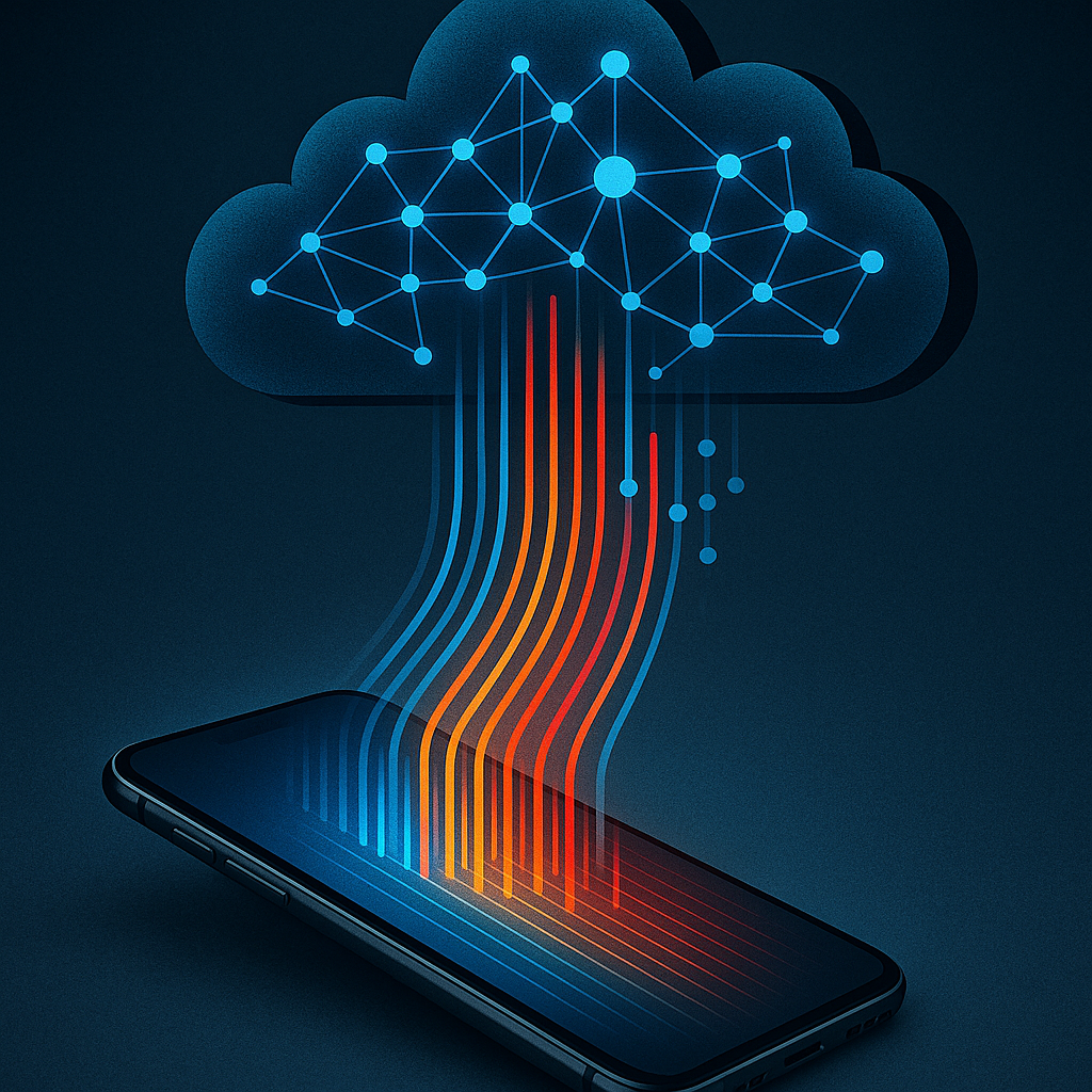 A graphic depicting data points flowing from a phone into a cloud network