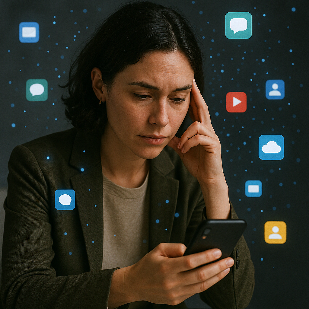 A person looking contemplatively at their smartphone screen while sitting alone