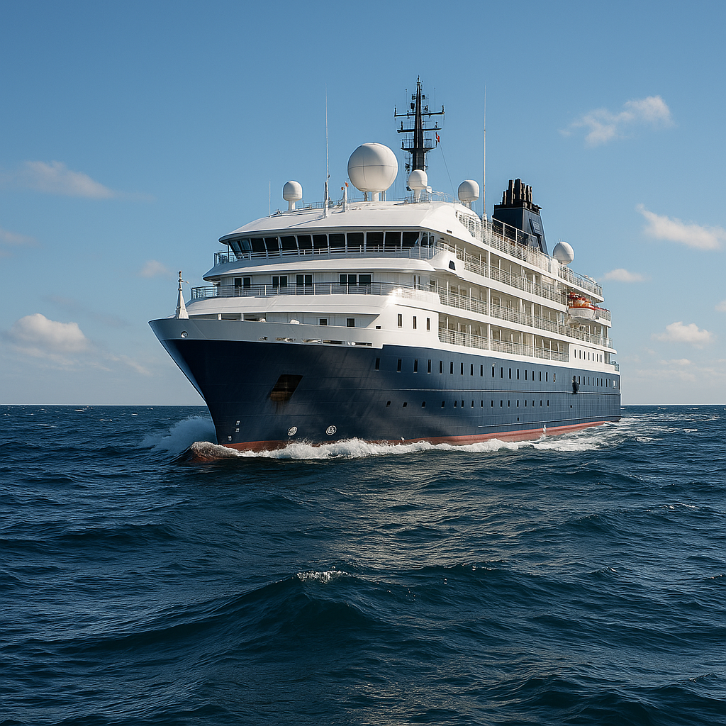 A cruise ship like the MV Hondius at sea during the day