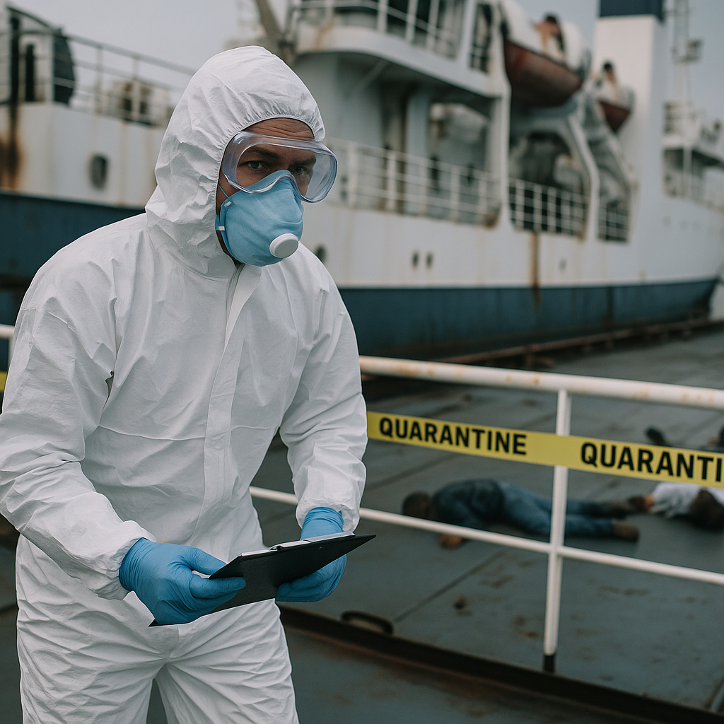 A public health specialist wearing safety gear investigating on a ship