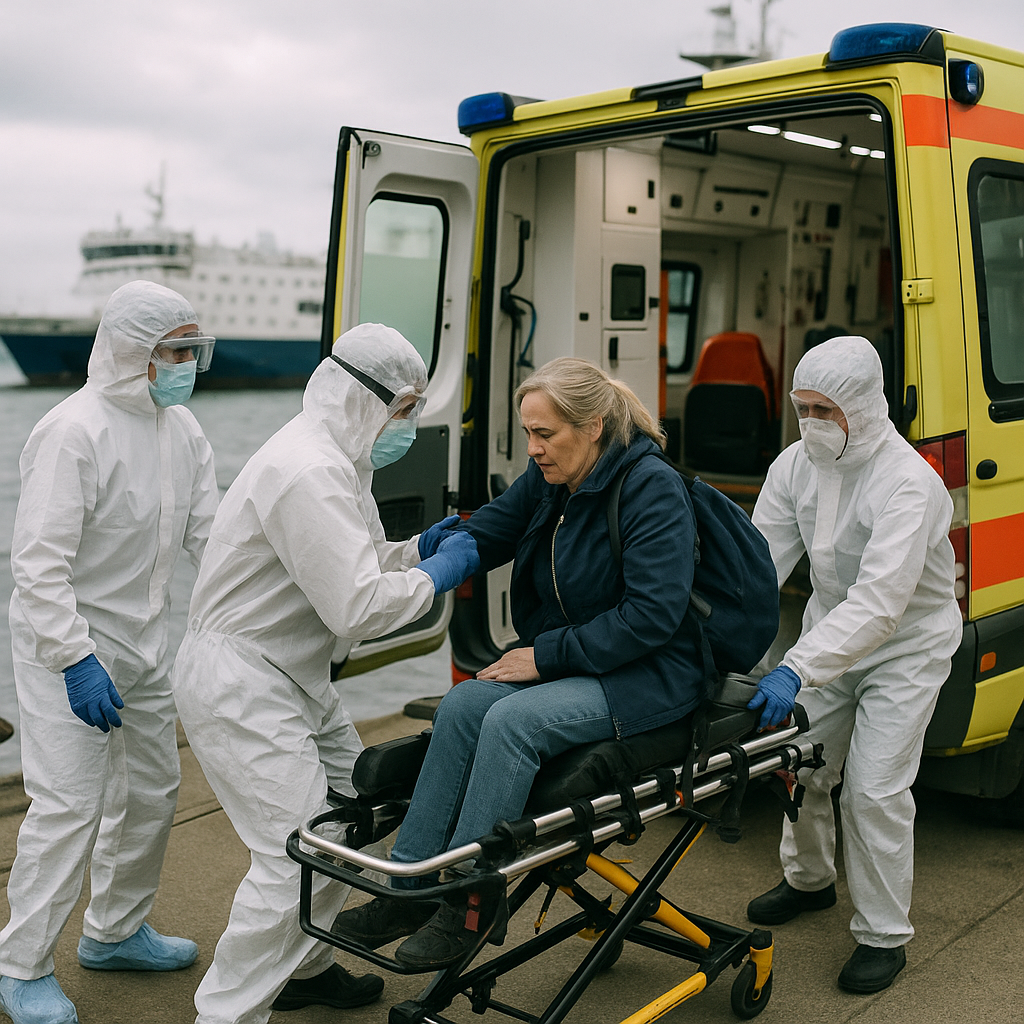 Medical staff in protective clothing assisting sick passengers at a dock