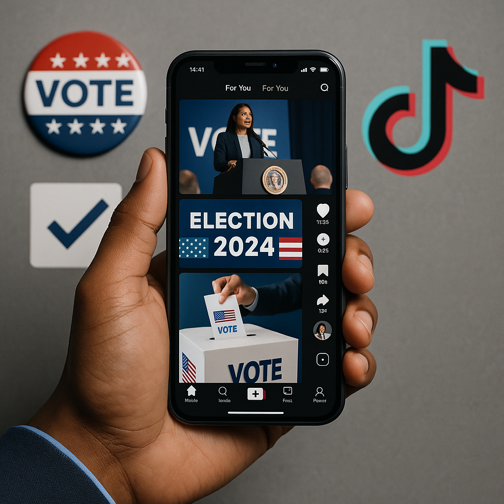 A user holding a smartphone open to TikTok's homepage with election-related content displayed