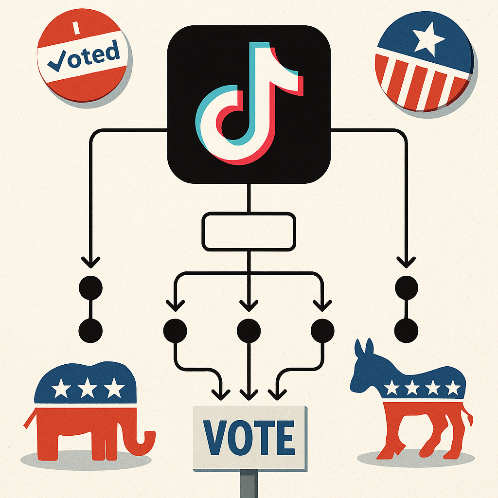 A graphic of TikTok’s algorithm, surrounded by relevant icons (votes, political videos, algorithms)