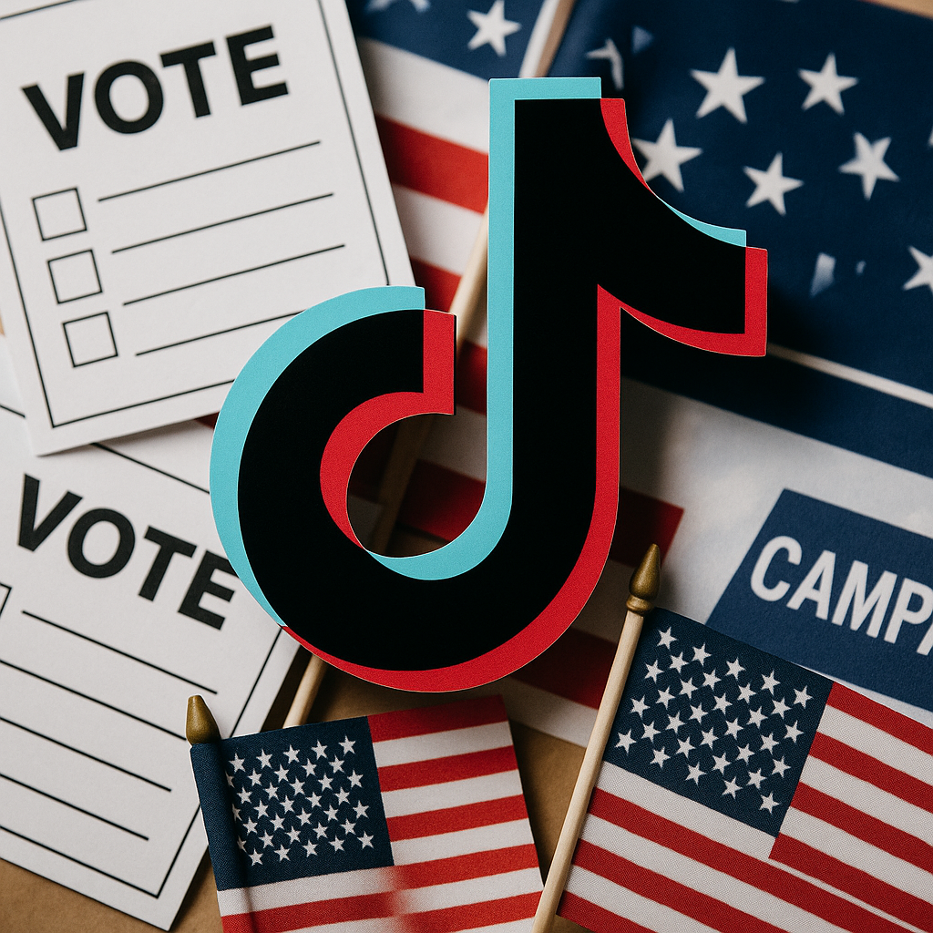 A vibrant TikTok logo juxtaposed with voting ballots and political campaign imagery