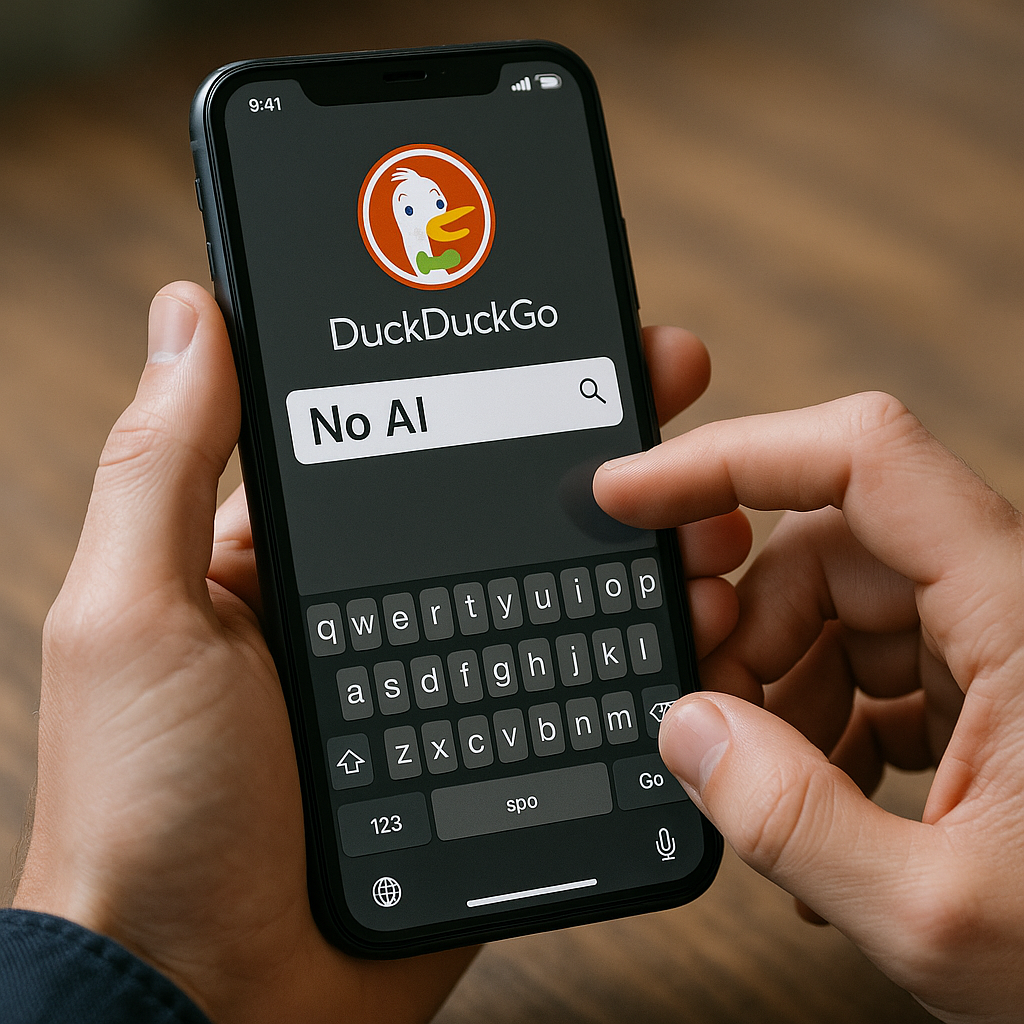 A person using DuckDuckGo on a smartphone, with 'No AI' proudly displayed on the interface