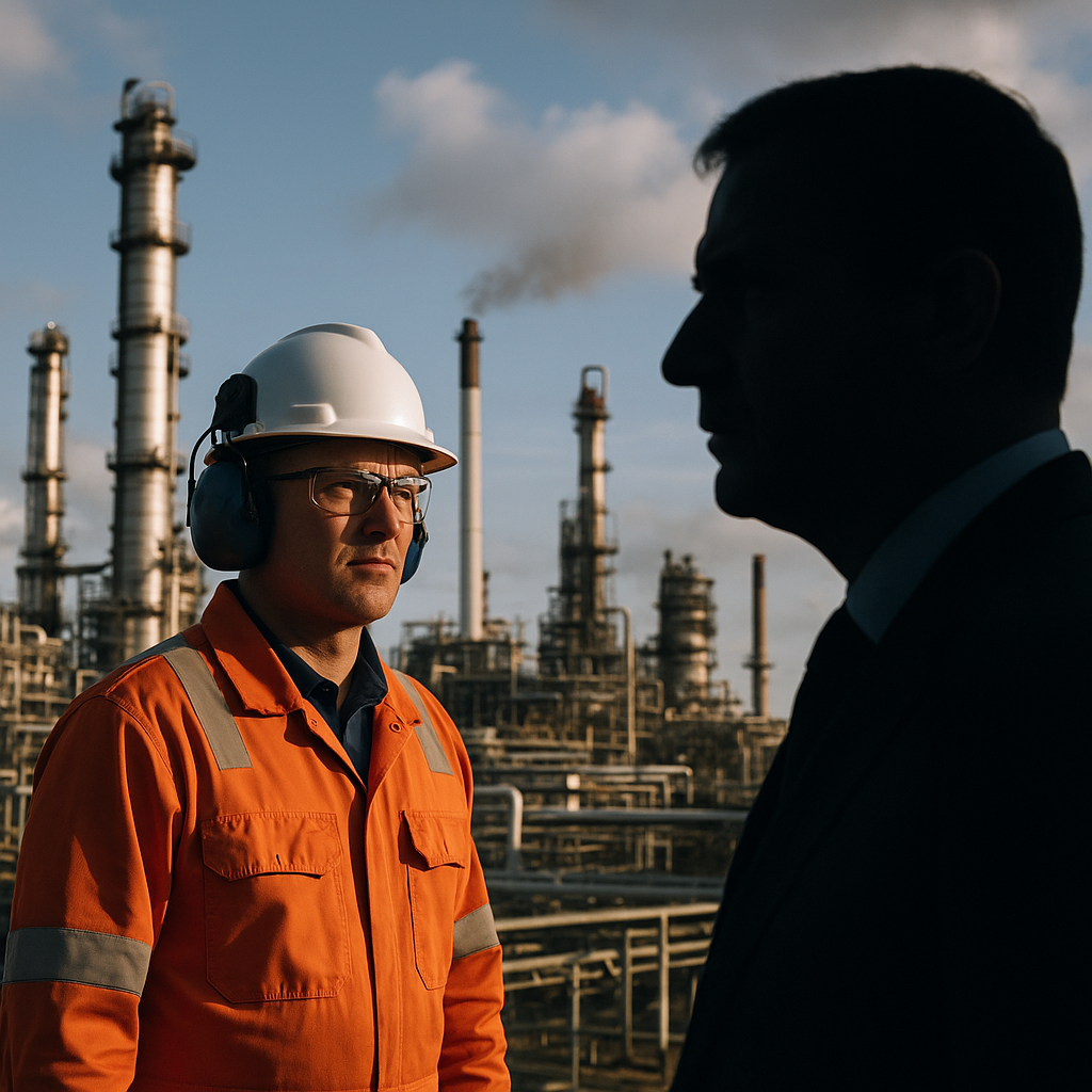 Middle Eastern oil refinery set against a backdrop of the Persian Gulf, illustrating the region's energy dynamics