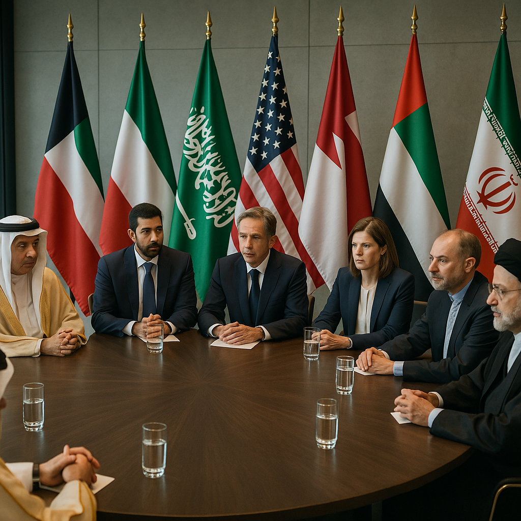 Diplomatic roundtable featuring representatives from Gulf states, the U.S., and Iran in a high-stakes negotiation setting