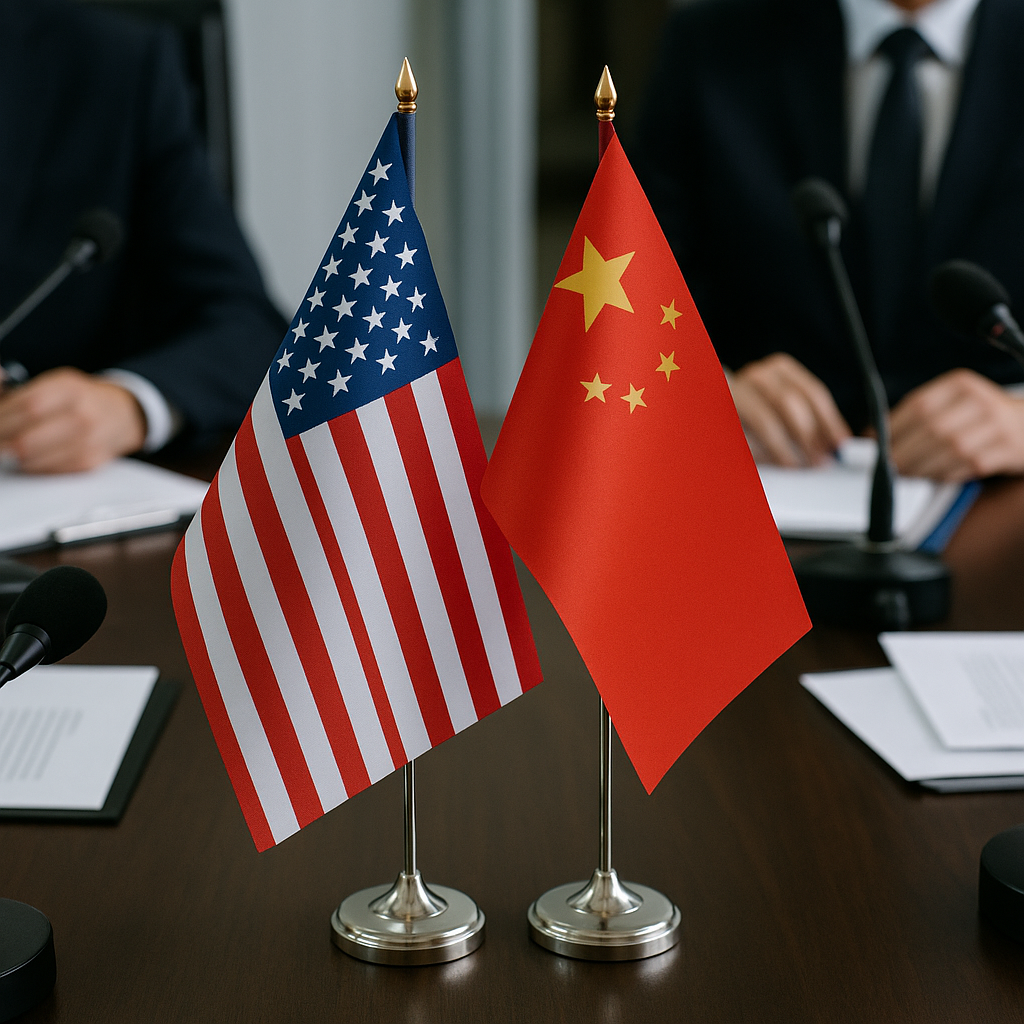 Two national flags—US and China—side by side during diplomatic discussions