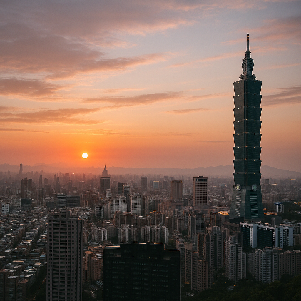 A skyline shot of Taipei city and Taipei 101 tower during sunset