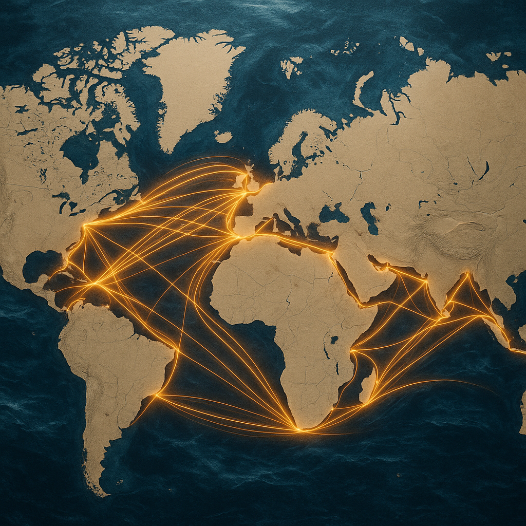 A delicate global map showing the Taiwan Strait, highlighting trade flow lines