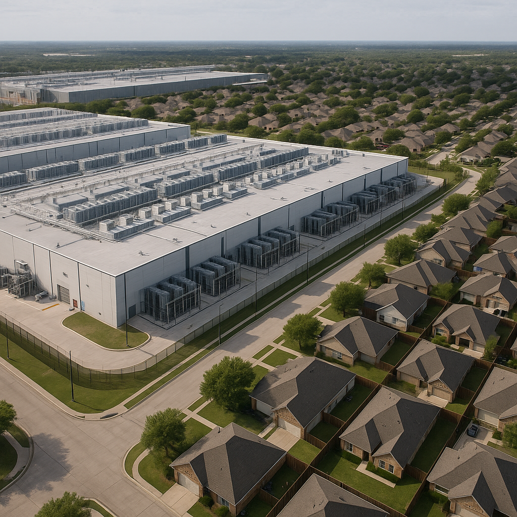 Aerial view of a large data center surrounded by suburban homes