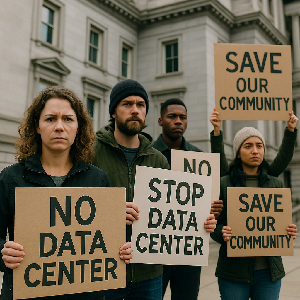 Protesters holding signs with slogans against data center construction, outside a city hall