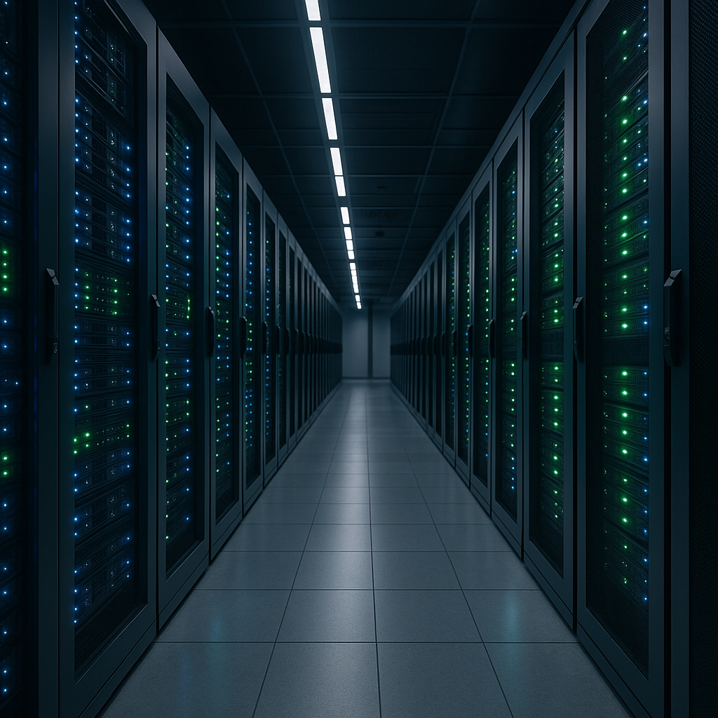 Rows of server racks illuminated by blue and green lights within a high-tech data center