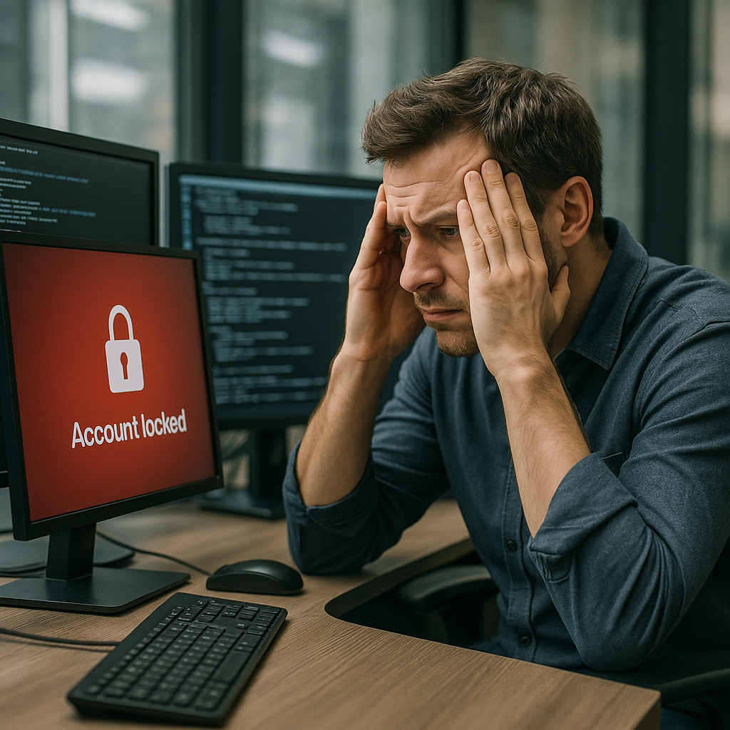 A digital system administrator locked out of network access, displaying frustration at a desk with multiple screens
