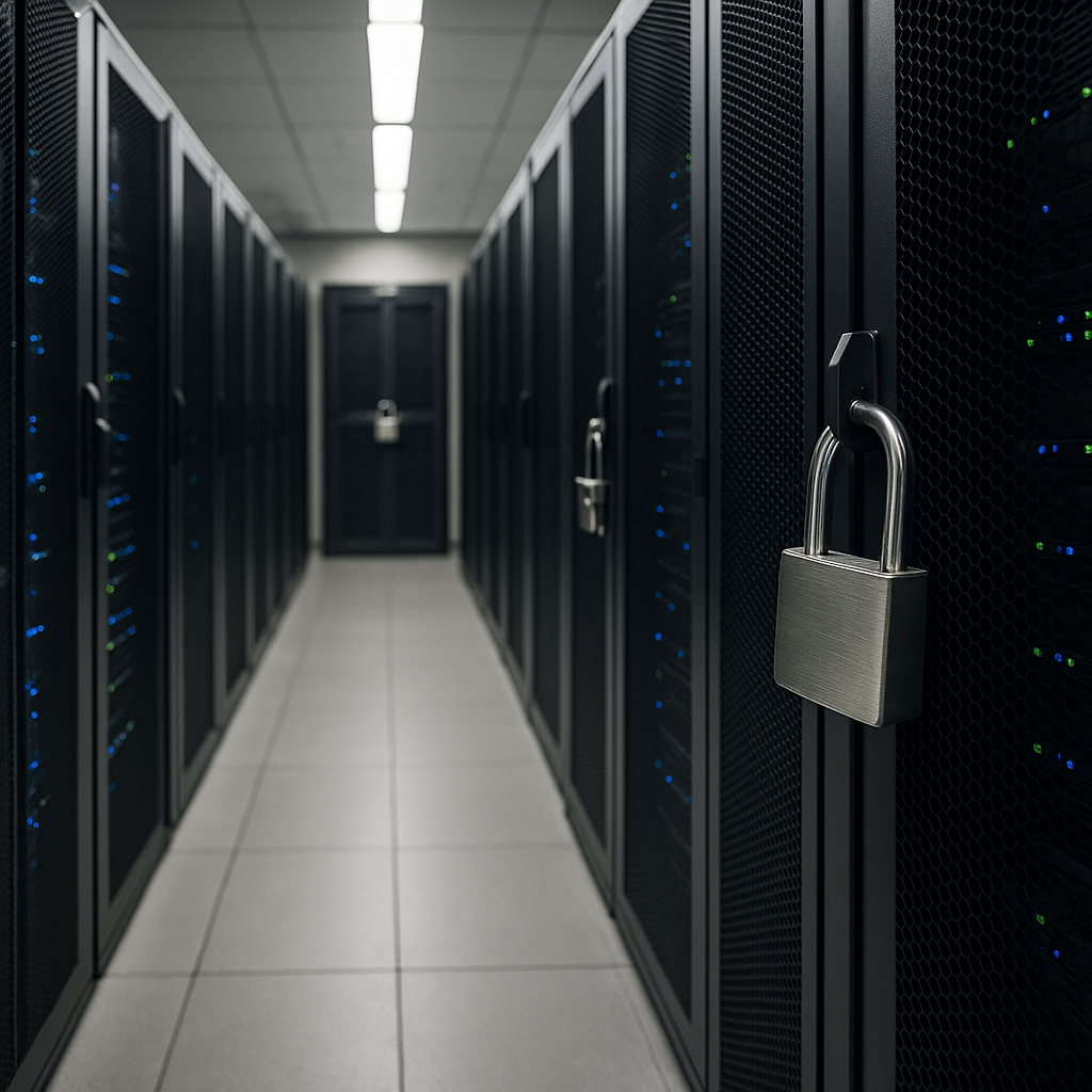 A symbolic image of a padlocked server room representing data security protections