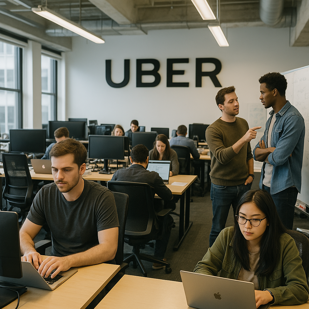 A busy Uber headquarters office with employees using laptops and whiteboards