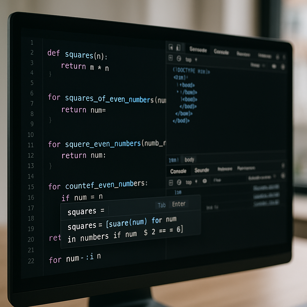 A code editor on a computer screen with AI auto-completion tools in action