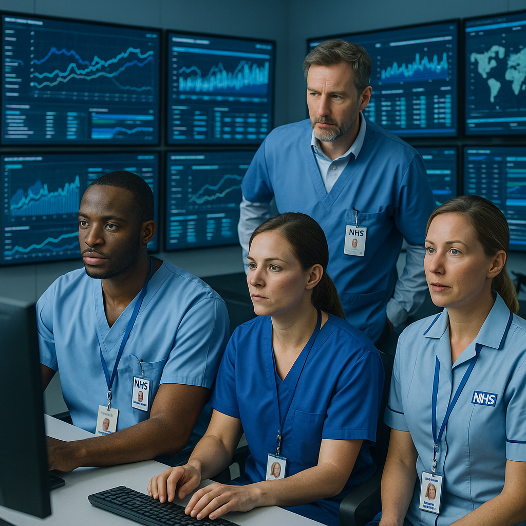 NHS staff monitoring data on screens in a centralized operations room