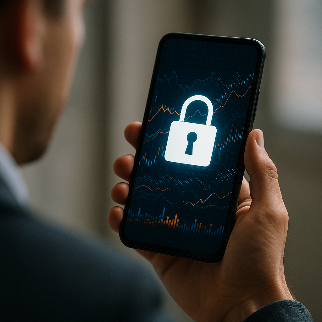 A person holding a smartphone with a lock-shaped security icon over a database representation