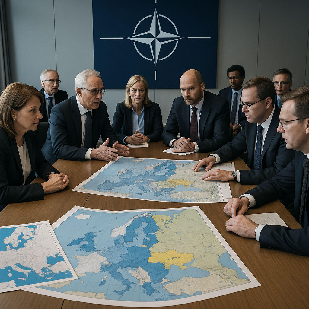 Leaders of NATO countries in a conference room discussing Ukraine's conflict